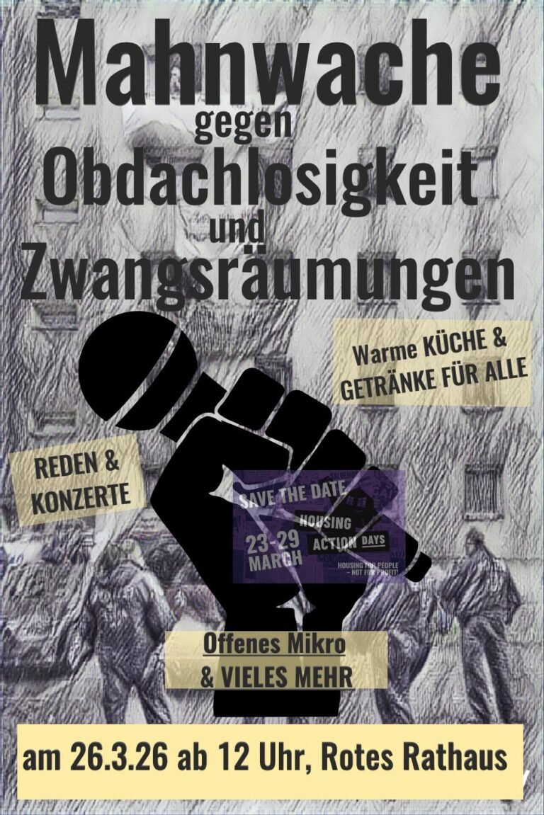 8. Mahnwache gegen Obdachlosigkeit und Zwangsräumungen am 26.03.2026